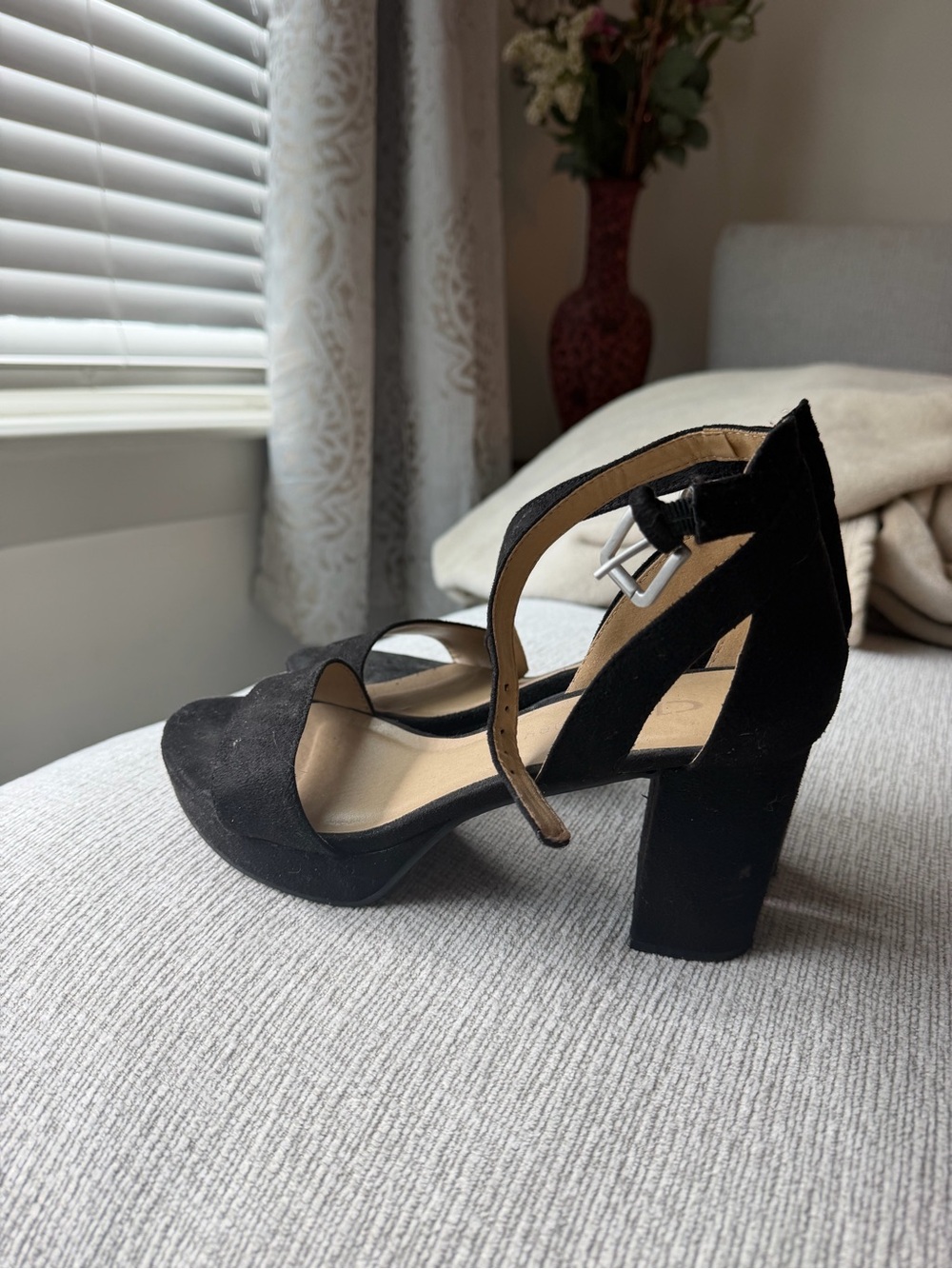 Chinese Laundry Black Suede Block Heel Sandals with Ankle Strap